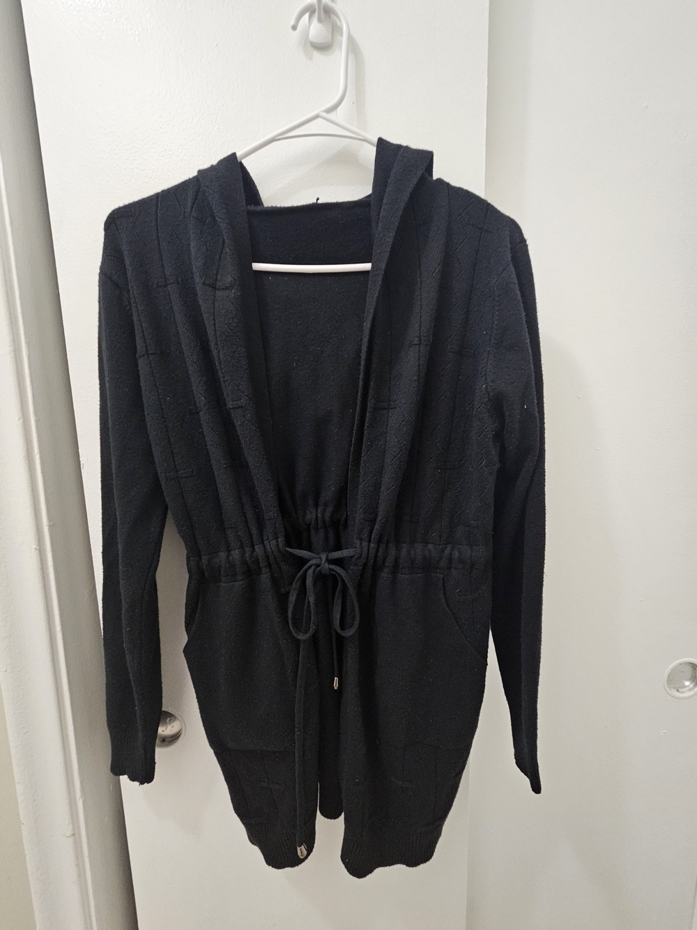 Hooded Black Drawstring Utility Cardigan Sweater
